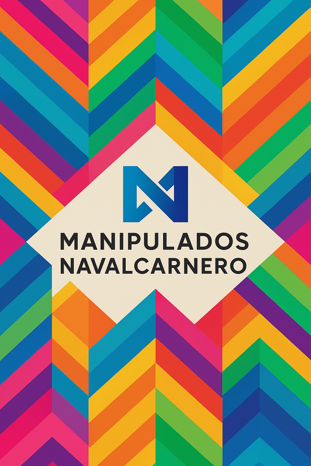 Patrón geométrico abstracto con colores vibrantes y logo de Manipulados Navalcarnero