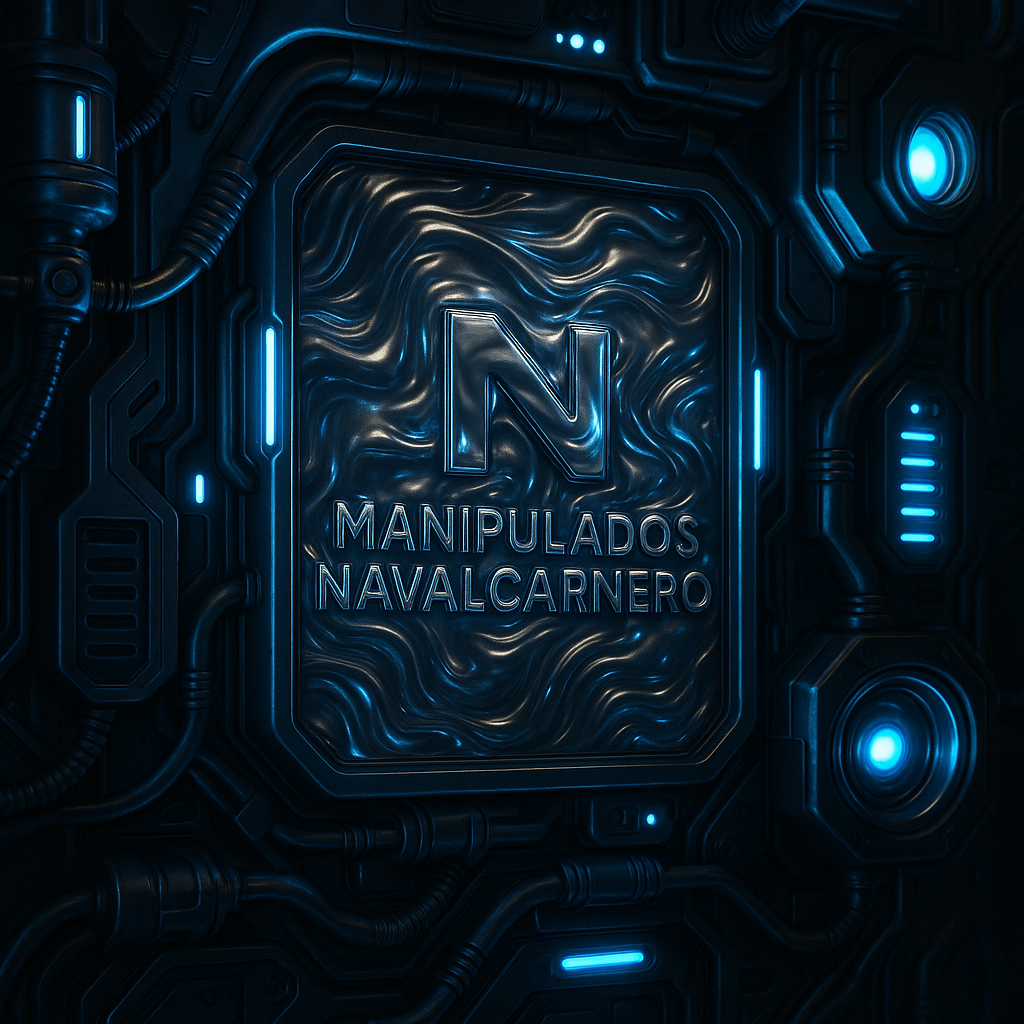 Maquinaria futurista con luces brillantes y logo de Manipulados Navalcarnero