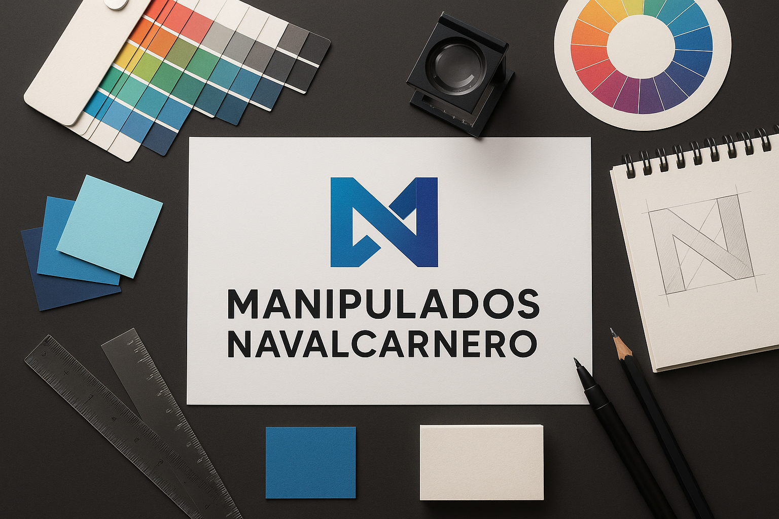 Proceso de diseño gráfico moderno con logo de Manipulados Navalcarnero
